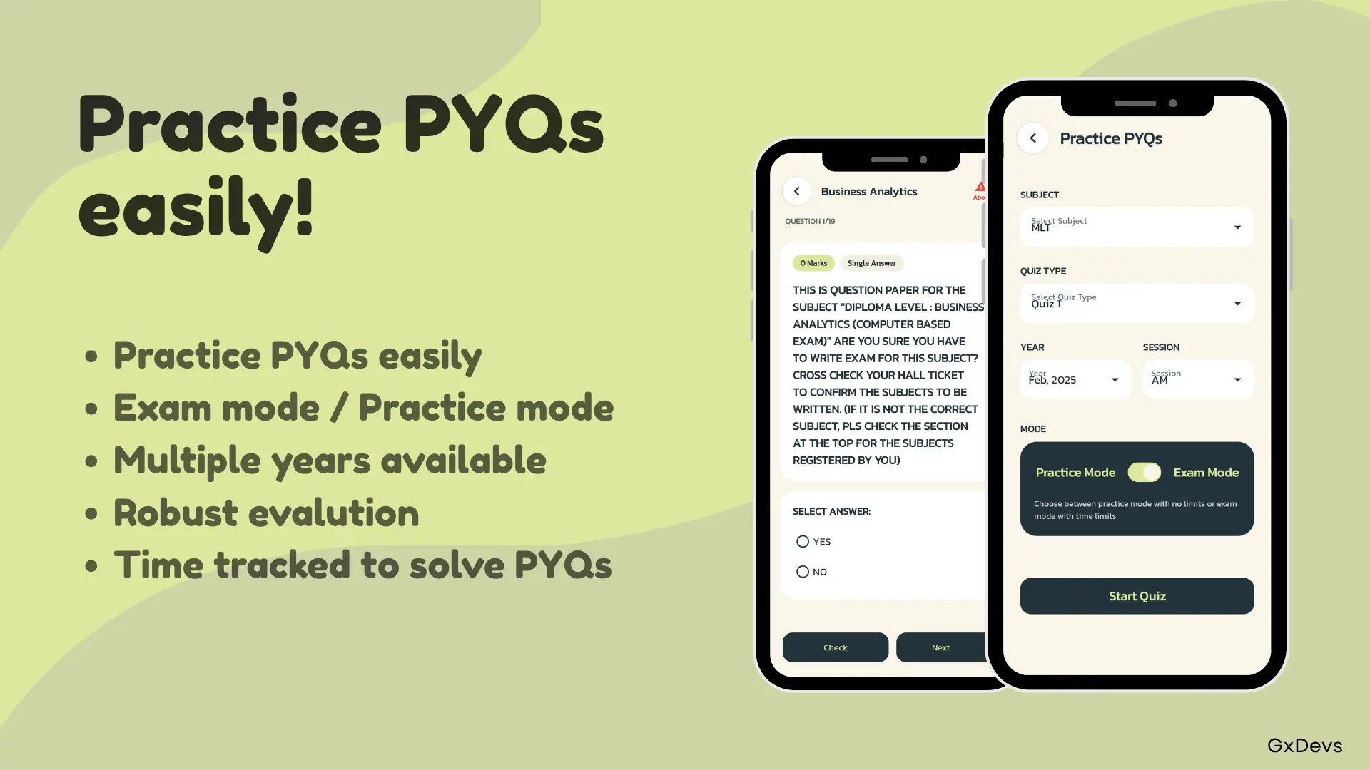 Gradify previous year questions screen inside the Android study app